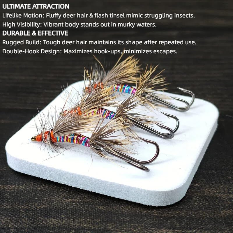 6 -Pack Hand-Tied Stimulator Deer Hair Caddis Fly Lure - Iridescent Ribbed Body with High-Floating Elk Hair & Trailer Double Hook-Premium Dry Fly for Trout, Bass, and Steelhead Fishing, Size #10 Hooks