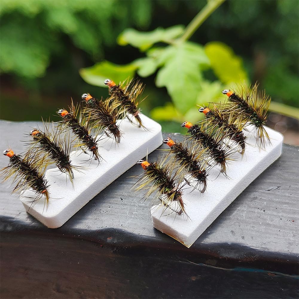 8-Pack Hi-Vis Griffith's Gnat Dry Fly Fishing Lures - 8Pcs Olive Midge Cluster with Bright Orange Sight Indicator - High Buoyancy Hand-Tied Trout Flies for Streams & Lakes, Size #14#16