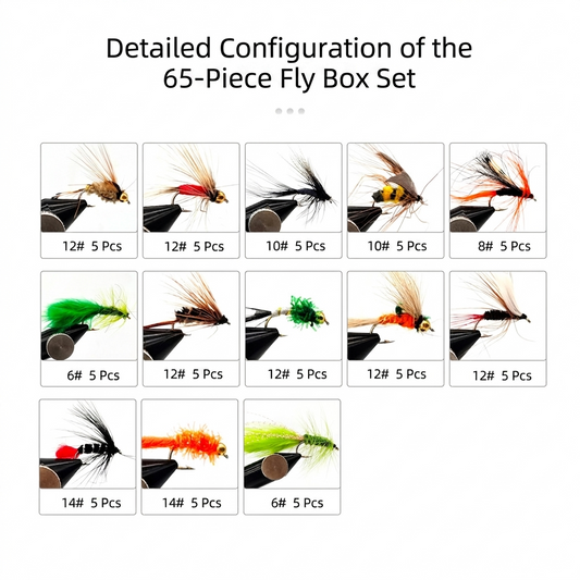 65pcs Master Fly Set - Full Water Column Coverage - Nymph, Streamer, Dry, Wet Assortment - Versatile Sizes #6 to #14