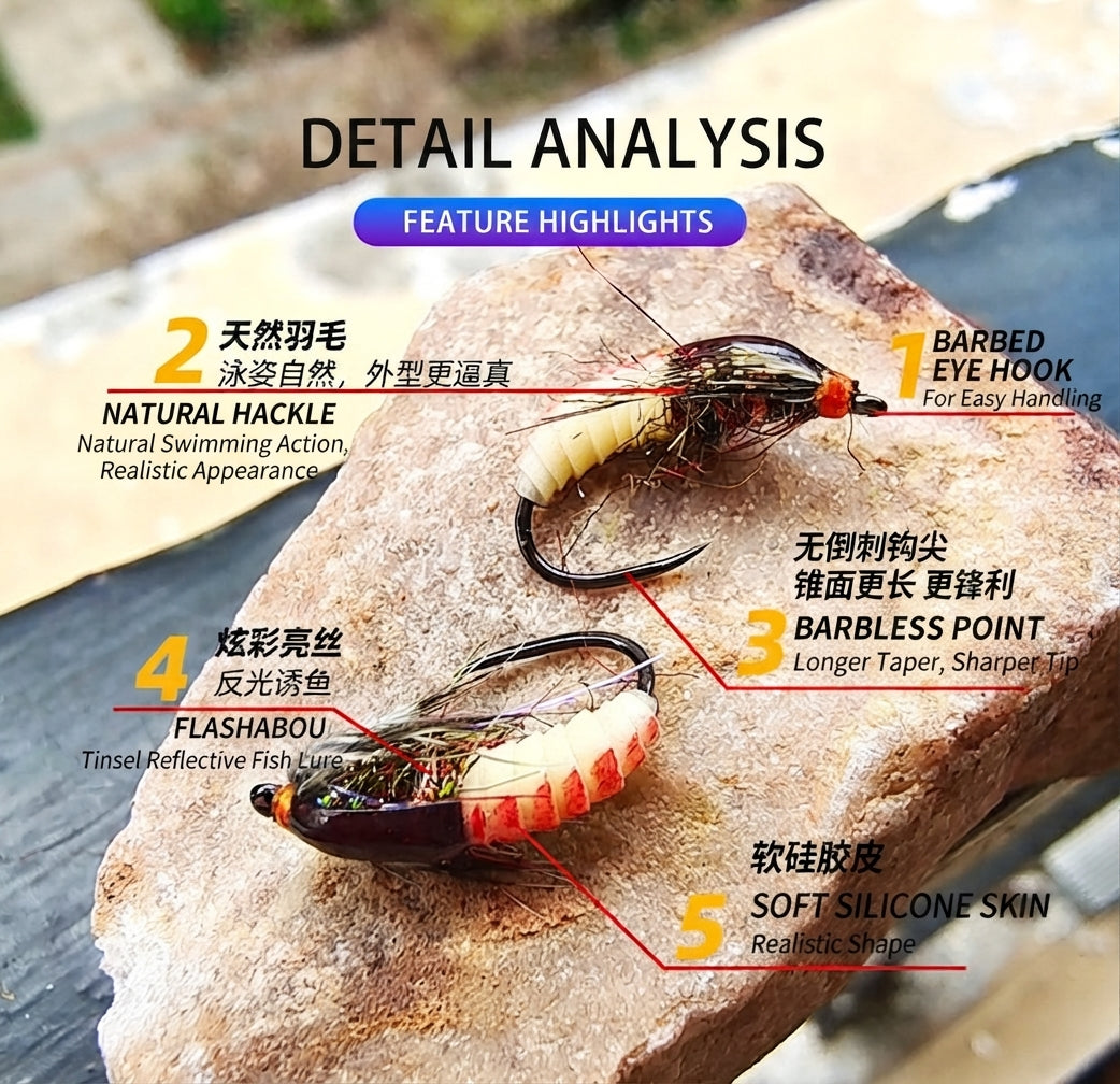 DZAngling 5PCS Hand-Tied Realistic Caddis Nymph Flies - Barbless Hooks, Soft Silicone Segmented Body & Flashabou, Sub-Surface Wet Fly for Trout, Grayling & Panfish
