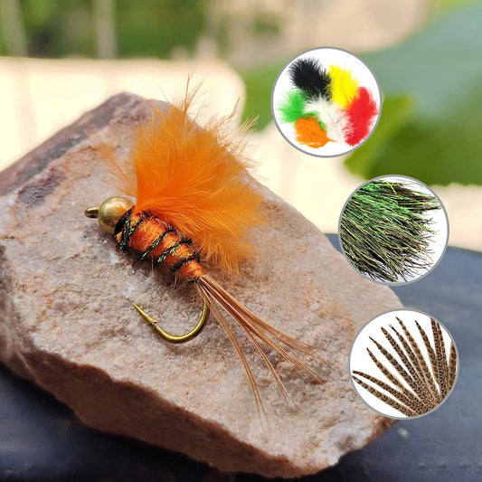 10pcs Orange Nymph Fly Fishing Lures - Bead Head Orange Wing Wet Flies, Realistic Aquatic Insect Imitation, Hand Tied Trout Flies with Size #10 Barbed Hooks