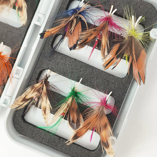 12-Pack Realistic Butterfly Fly Fishing Lures with Waterproof Case - Ultra-Lifelike Bionic Dry Flies, Mixed Sizes #10 & #12, Hand-Tied Surface Floating Baits for Trout & Bass