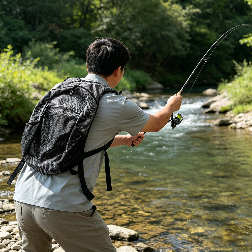 DZ Angling Multi-Pocket Fly Fishing Vest with Integrated Backpack - Lightweight Breathable Mesh Tactical Utility Vest with Adjustable Fit, Plaid Anti-Tear Nylon Gear Station