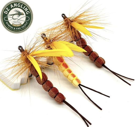 DZ Angling | Premium Hand-Tied Dry Fly Fishing Flies - Realistic Foam Mayfly Patterns, 12-Pack Brown/Yelloe Colors, Hook size #8 for Trout & Panfish