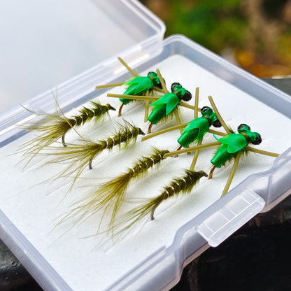 4-Pack Articulated Damselfly Nymph Wet Fly - Jointed Double Hook Trout & Bass Fly Fishing Lures with Soft Silicone Feelers & Natural Olive Feathers (Sizes 12-18)