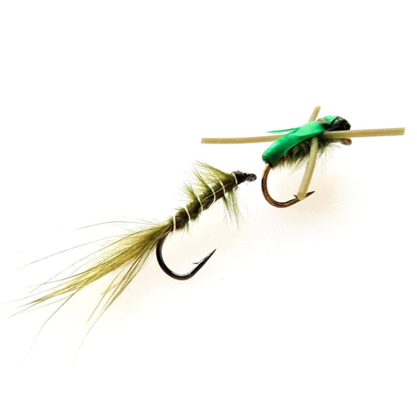4-Pack Articulated Damselfly Nymph Wet Fly - Jointed Double Hook Trout & Bass Fly Fishing Lures with Soft Silicone Feelers & Natural Olive Feathers (Sizes 12-18)