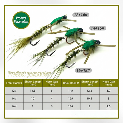 4-Pack Articulated Damselfly Nymph Wet Fly - Jointed Double Hook Trout & Bass Fly Fishing Lures with Soft Silicone Feelers & Natural Olive Feathers (Sizes 12-18)