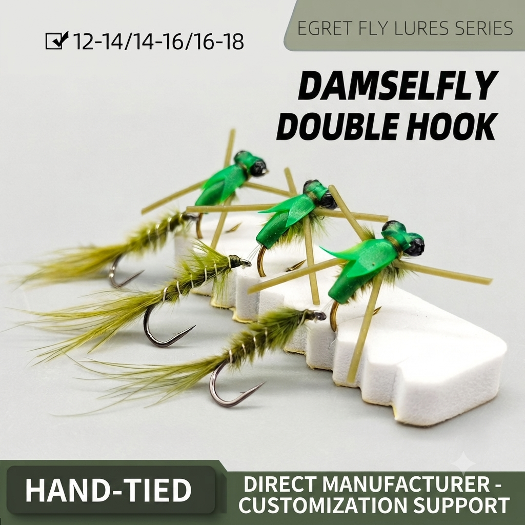 4-Pack Articulated Damselfly Nymph Wet Fly - Jointed Double Hook Trout & Bass Fly Fishing Lures with Soft Silicone Feelers & Natural Olive Feathers (Sizes 12-18)