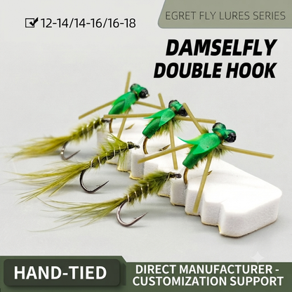 4-Pack Articulated Damselfly Nymph Wet Fly - Jointed Double Hook Trout & Bass Fly Fishing Lures with Soft Silicone Feelers & Natural Olive Feathers (Sizes 12-18)