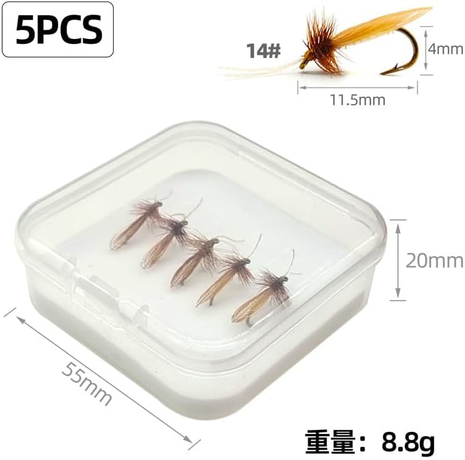 5-Pack/10-Pack Realistic Caddis Dry Flies #14 Gold Hook Fly Fishing Lures with Synthetic Wings & Natural Hackle, Hand-Tied High Floatability Flies for Trout, Chub, Culter, Panfish