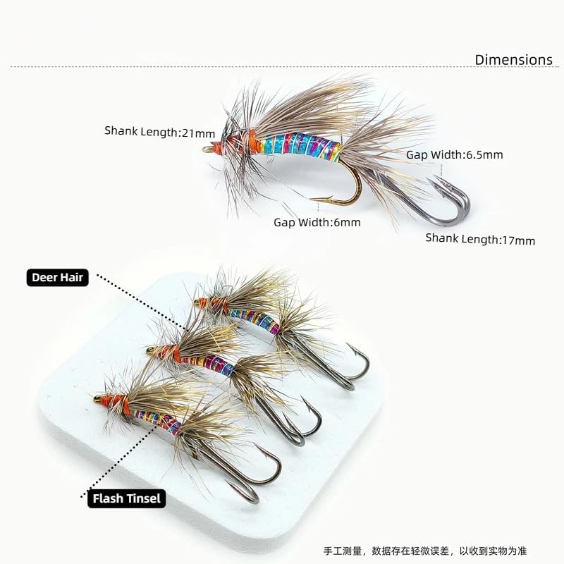 6 -Pack Hand-Tied Stimulator Deer Hair Caddis Fly Lure - Iridescent Ribbed Body with High-Floating Elk Hair & Trailer Double Hook-Premium Dry Fly for Trout, Bass, and Steelhead Fishing, Size #10 Hooks