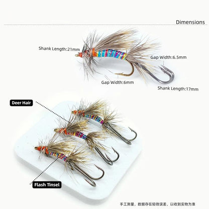 6 -Pack Hand-Tied Stimulator Deer Hair Caddis Fly Lure - Iridescent Ribbed Body with High-Floating Elk Hair & Trailer Double Hook-Premium Dry Fly for Trout, Bass, and Steelhead Fishing, Size #10 Hooks