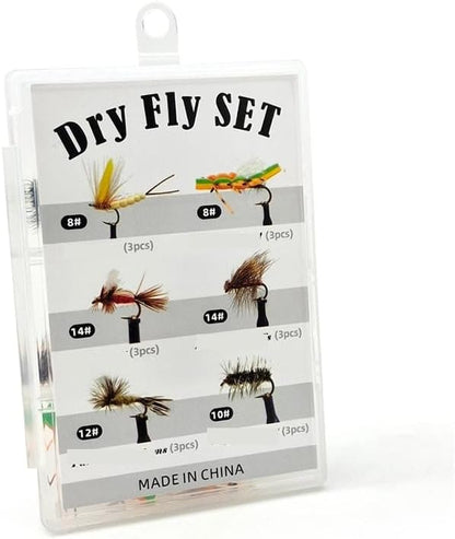 18Pcs Dry Fly Fishing Lures Kit - Professional Assorted Topwater Fly Set - Essential Gear for Trout and Bass,Hook Size #8,#10,#12, #14