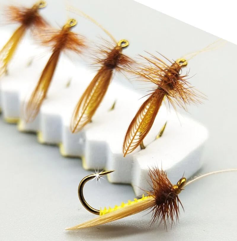 5-Pack/10-Pack Realistic Caddis Dry Flies #14 Gold Hook Fly Fishing Lures with Synthetic Wings & Natural Hackle, Hand-Tied High Floatability Flies for Trout, Chub, Culter, Panfish