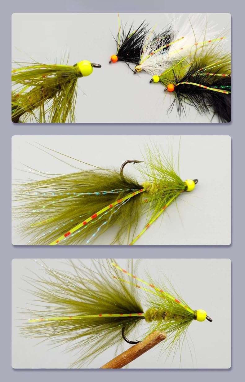 6-Pack Weighted Bead Head Woolly Bugger Streamer Flies - Lifelike Silicone Legs & Premium Marabou - Versatile Pattern for Trout, Bass, Salmon, Steelhead in Rivers & Lakes