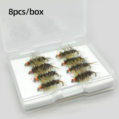 8-Pack  Hi-Vis  Griffith's Gnat Dry Fly Fishing Lures - 8Pcs Olive Midge Cluster with Bright Orange Sight Indicator - High Buoyancy Hand-Tied Trout Flies for Streams & Lakes, Size #14#16