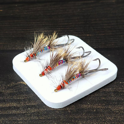 6 -Pack Hand-Tied Stimulator Deer Hair Caddis Fly Lure - Iridescent Ribbed Body with High-Floating Elk Hair & Trailer Double Hook-Premium Dry Fly for Trout, Bass, and Steelhead Fishing, Size #10 Hooks