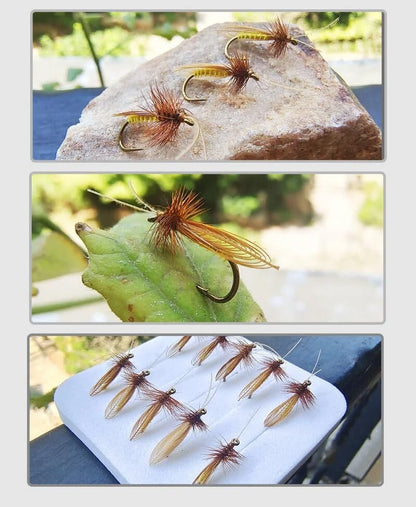 5-Pack/10-Pack Realistic Caddis Dry Flies #14 Gold Hook Fly Fishing Lures with Synthetic Wings & Natural Hackle, Hand-Tied High Floatability Flies for Trout, Chub, Culter, Panfish