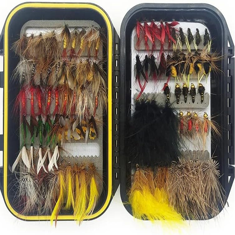 100Pcs Fly Fishing Lures Kit with Double-Sided Waterproof Case: Hand-Tied Dry, Wet, Nymphs & Streamers Assortment with Natural Feathers for Trout, Bass - Fishing Gift for Anglers