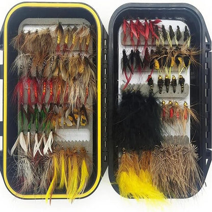 100Pcs Fly Fishing Lures Kit with Double-Sided Waterproof Case: Hand-Tied Dry, Wet, Nymphs & Streamers Assortment with Natural Feathers for Trout, Bass - Fishing Gift for Anglers