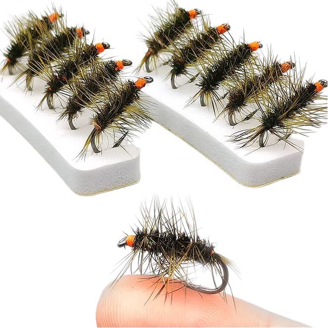 8-Pack  Hi-Vis  Griffith's Gnat Dry Fly Fishing Lures - 8Pcs Olive Midge Cluster with Bright Orange Sight Indicator - High Buoyancy Hand-Tied Trout Flies for Streams & Lakes, Size #14#16