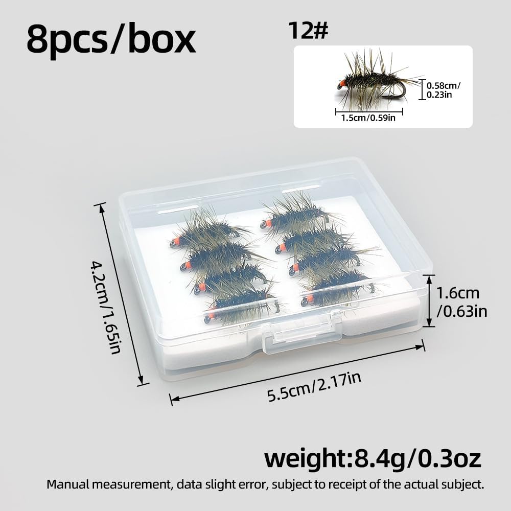 8-Pack  Hi-Vis  Griffith's Gnat Dry Fly Fishing Lures - 8Pcs Olive Midge Cluster with Bright Orange Sight Indicator - High Buoyancy Hand-Tied Trout Flies for Streams & Lakes, Size #14#16