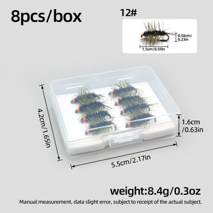 8-Pack  Hi-Vis  Griffith's Gnat Dry Fly Fishing Lures - 8Pcs Olive Midge Cluster with Bright Orange Sight Indicator - High Buoyancy Hand-Tied Trout Flies for Streams & Lakes, Size #14#16