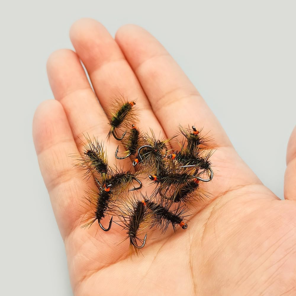 8-Pack  Hi-Vis  Griffith's Gnat Dry Fly Fishing Lures - 8Pcs Olive Midge Cluster with Bright Orange Sight Indicator - High Buoyancy Hand-Tied Trout Flies for Streams & Lakes, Size #14#16