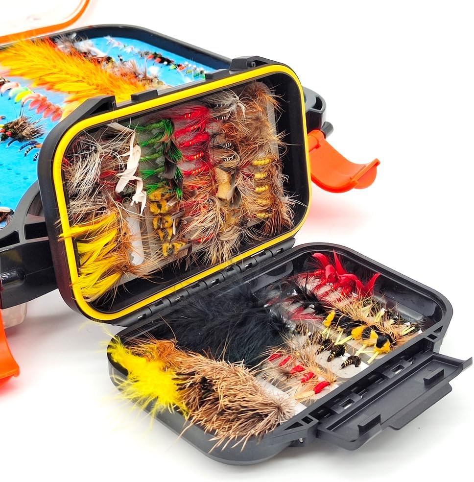 100Pcs Fly Fishing Lures Kit with Double-Sided Waterproof Case: Hand-Tied Dry, Wet, Nymphs & Streamers Assortment with Natural Feathers for Trout, Bass - Fishing Gift for Anglers