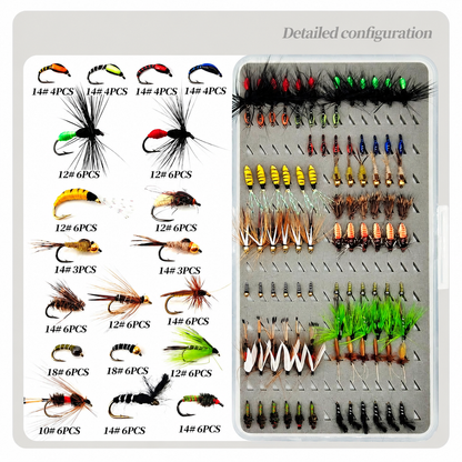 DzAngling 100Pcs Fly Fishing Lures Set Hand-Tied Dry Wet Nymph Streamer Flies Assortment Pack with Waterproof Fly Box #10 #12 #14 #16
