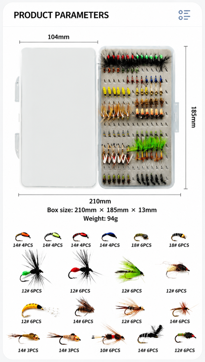 DzAngling 100Pcs Fly Fishing Lures Set Hand-Tied Dry Wet Nymph Streamer Flies Assortment Pack with Waterproof Fly Box #10 #12 #14 #16