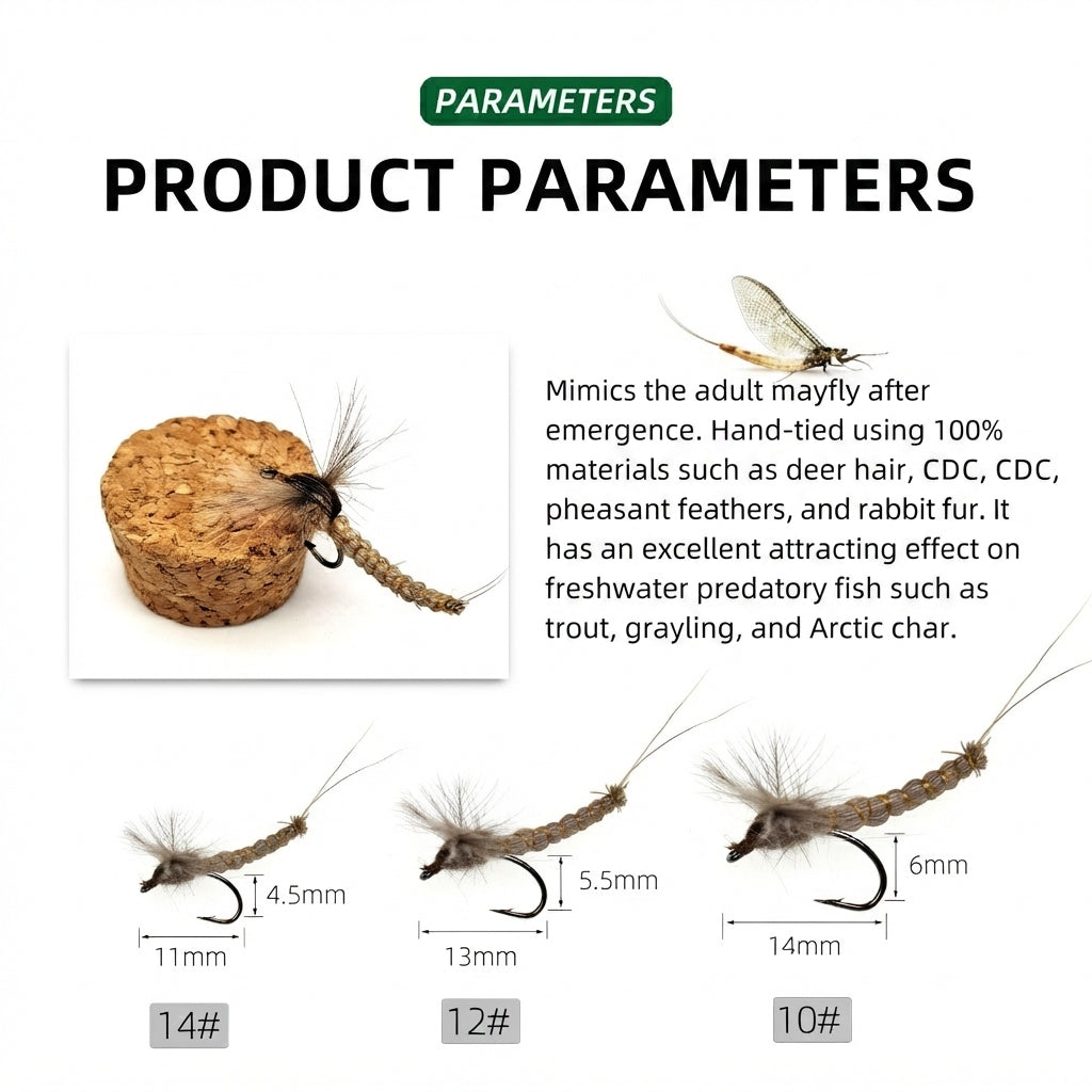 Professional Hand-Tied Mayfly Dry Fly Assortment (5-Pack) | Realistic Adult Mayfly Imitation with CDC & Deer Hair for Trout Fishing