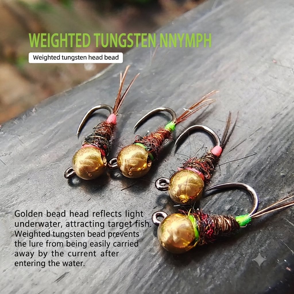 DZ Angling 8-Pack Weighted Tungsten Beadhead Nymph Flies - Hand-Tied Barbless Sinking Nymph Lures for Trout, Grayling, and Stream Micro Fishing (#14)