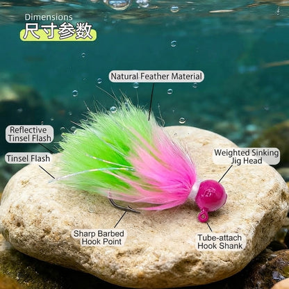 DZ Angling 10-Pack Weighted Feather Streamer Jigs - Fluffy Soft Hackle Lures with Natural Fluttering & Sinking Action for Trout & Bass