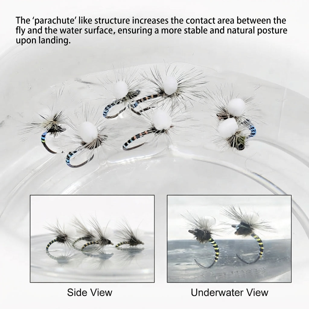 DzAngling 10-Pack Dry Flies #14 Barbless Floating Foam Mayfly Dun – High-Visibility High-Buoyancy Hand-Tied Fly Fishing Lures with Reflective Tinsel Abdomen for Trout, Grayling & Panfish