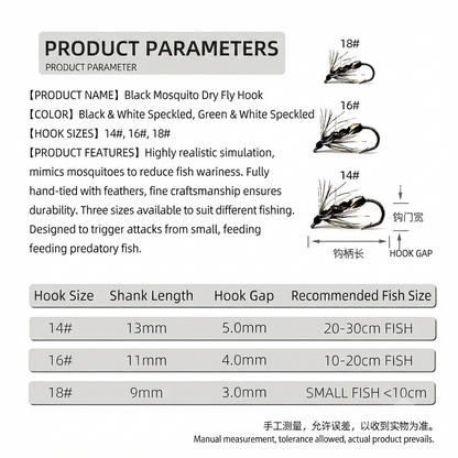 DZ Angling| 10-Pack Hand-Tied Black Mosquito Dry Fly - High-Simulation Floating Midge Pattern for Trout, Chub, and Micro-Fishing (#14-#18)