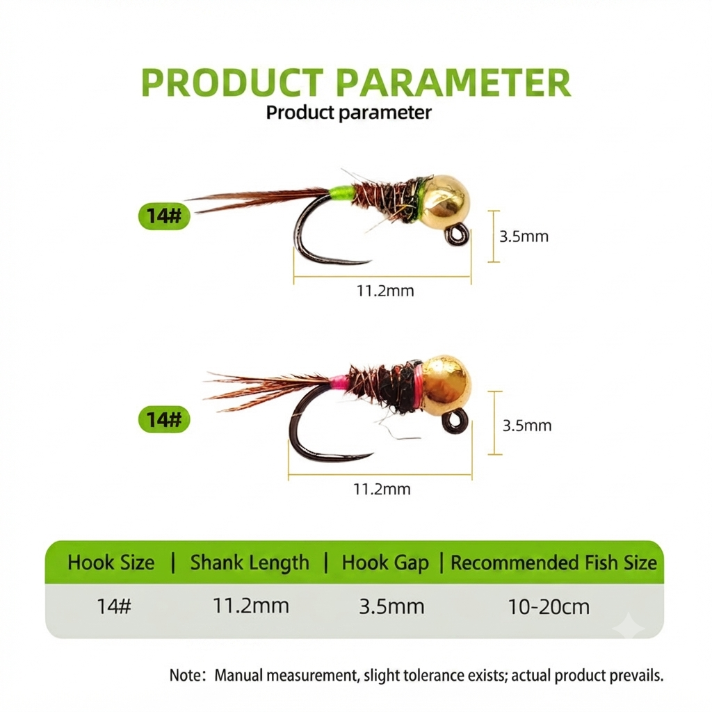 DZ Angling 8-Pack Weighted Tungsten Beadhead Nymph Flies - Hand-Tied Barbless Sinking Nymph Lures for Trout, Grayling, and Stream Micro Fishing (#14)