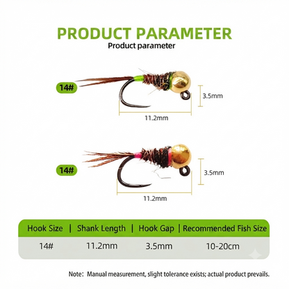 DZ Angling 8-Pack Weighted Tungsten Beadhead Nymph Flies - Hand-Tied Barbless Sinking Nymph Lures for Trout, Grayling, and Stream Micro Fishing (#14)