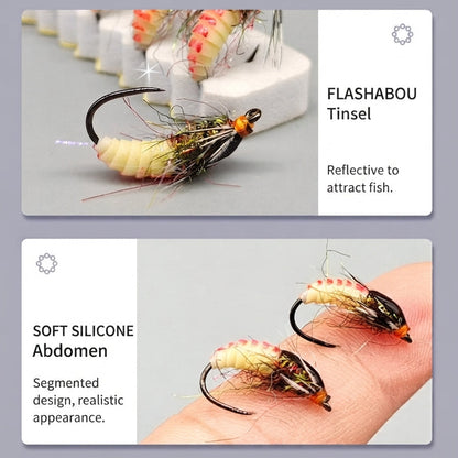 DZAngling 5PCS Hand-Tied Realistic Caddis Nymph Flies - Barbless Hooks, Soft Silicone Segmented Body & Flashabou, Sub-Surface Wet Fly for Trout, Grayling & Panfish