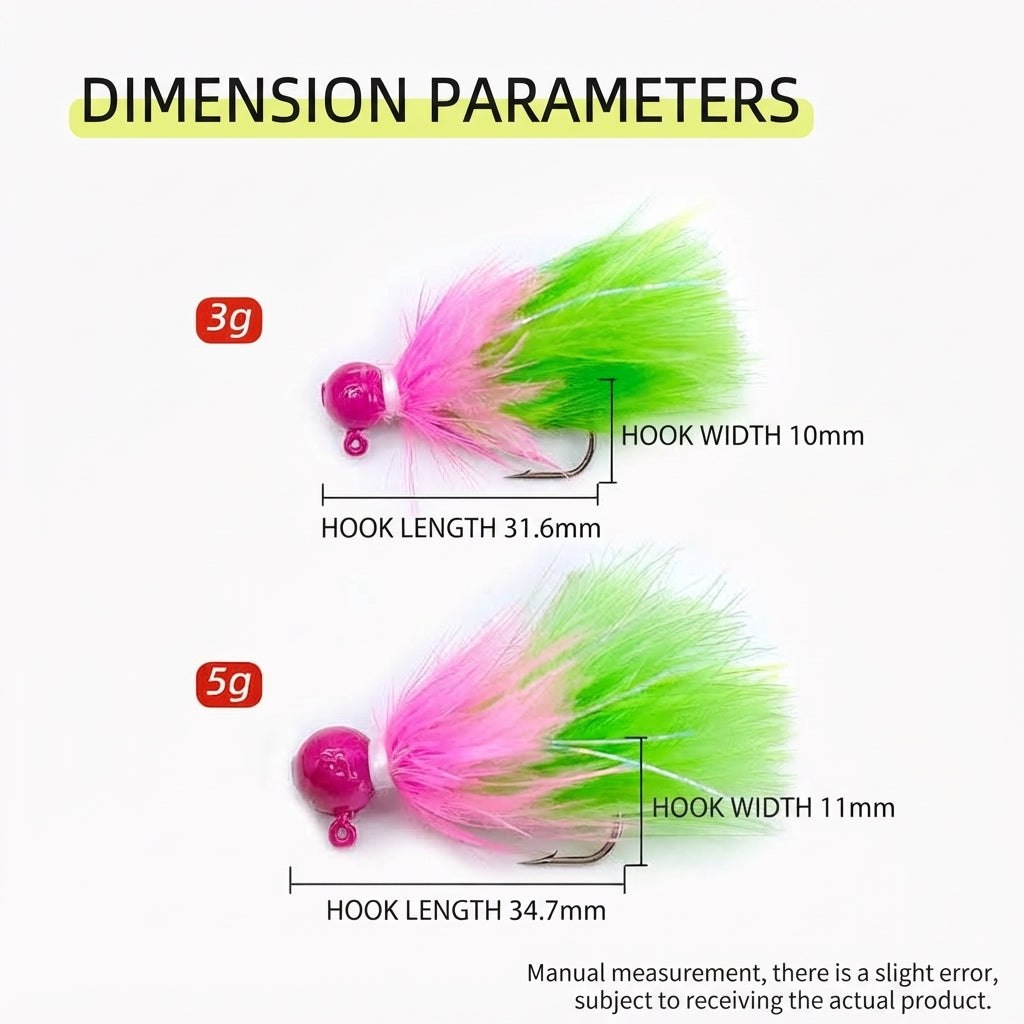 DZ Angling 10-Pack Weighted Feather Streamer Jigs - Fluffy Soft Hackle Lures with Natural Fluttering & Sinking Action for Trout & Bass