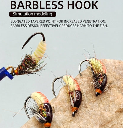 DZAngling 5PCS Hand-Tied Realistic Caddis Nymph Flies - Barbless Hooks, Soft Silicone Segmented Body & Flashabou, Sub-Surface Wet Fly for Trout, Grayling & Panfish