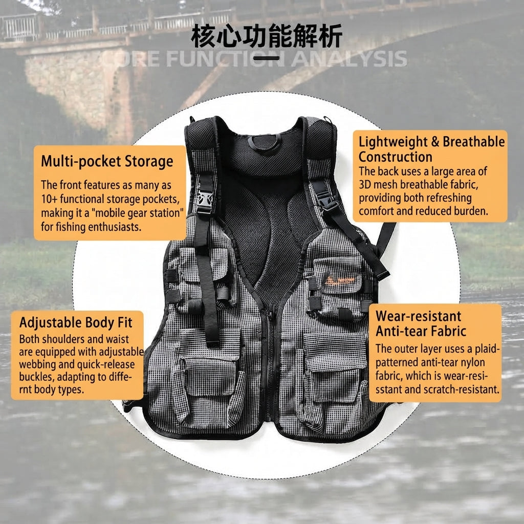 DZ Angling Multi-Pocket Fly Fishing Vest with Integrated Backpack - Lightweight Breathable Mesh Tactical Utility Vest with Adjustable Fit, Plaid Anti-Tear Nylon Gear Station