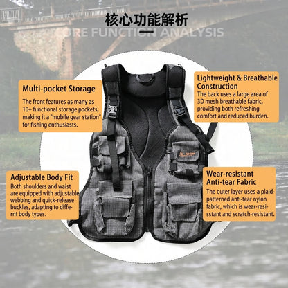 DZ Angling Multi-Pocket Fly Fishing Vest with Integrated Backpack - Lightweight Breathable Mesh Tactical Utility Vest with Adjustable Fit, Plaid Anti-Tear Nylon Gear Station