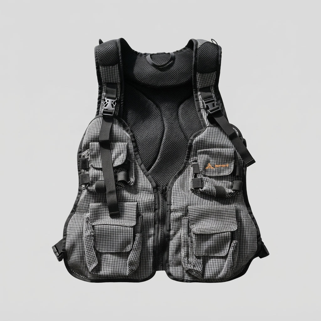 DZ Angling Multi-Pocket Fly Fishing Vest with Integrated Backpack - Lightweight Breathable Mesh Tactical Utility Vest with Adjustable Fit, Plaid Anti-Tear Nylon Gear Station