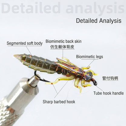 Realistic Nymph Soft Fishing Lures – 8-Pack Stonefly & Caddisfly Larvae Artificial Bait with Barbed Hooks, Ideal for Trout & Freshwater Fly Fishing
