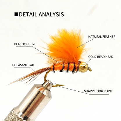 10pcs Orange Nymph Fly Fishing Lures - Bead Head Orange Wing Wet Flies, Realistic Aquatic Insect Imitation, Hand Tied Trout Flies with Size #10 Barbed Hooks