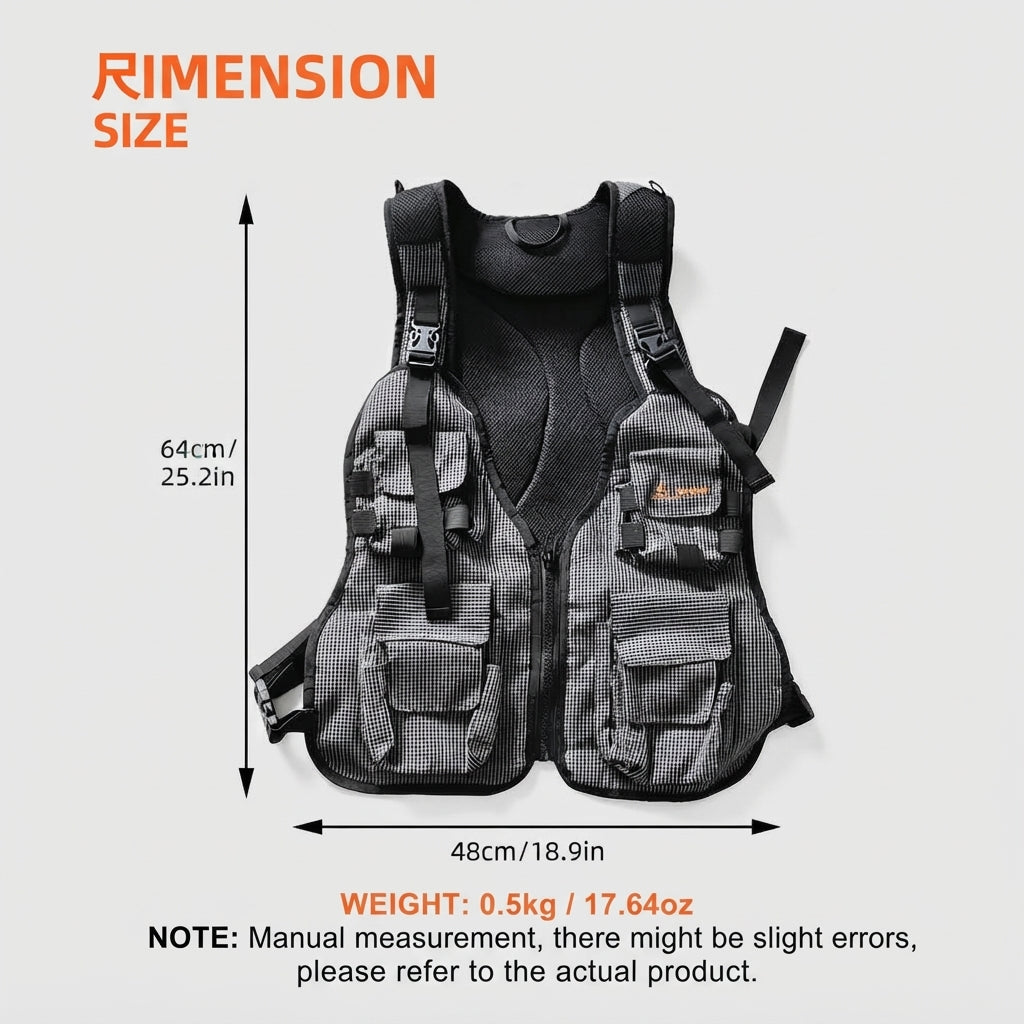 DZ Angling Multi-Pocket Fly Fishing Vest with Integrated Backpack - Lightweight Breathable Mesh Tactical Utility Vest with Adjustable Fit, Plaid Anti-Tear Nylon Gear Station