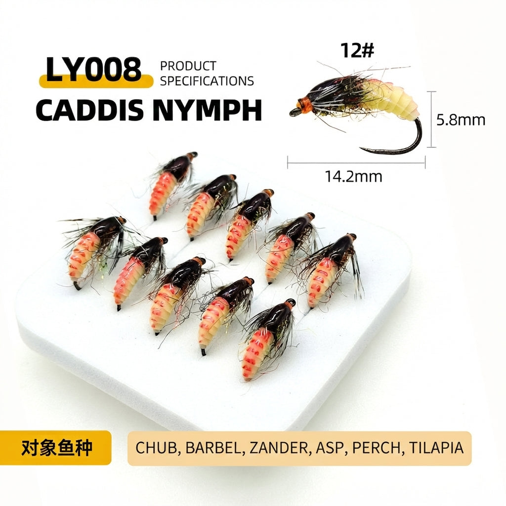 DZAngling 5PCS Hand-Tied Realistic Caddis Nymph Flies - Barbless Hooks, Soft Silicone Segmented Body & Flashabou, Sub-Surface Wet Fly for Trout, Grayling & Panfish