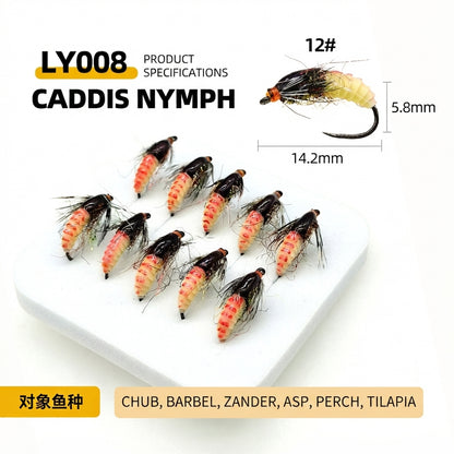 DZAngling 5PCS Hand-Tied Realistic Caddis Nymph Flies - Barbless Hooks, Soft Silicone Segmented Body & Flashabou, Sub-Surface Wet Fly for Trout, Grayling & Panfish