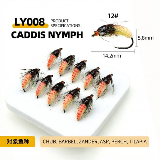 DZAngling 5PCS Hand-Tied Realistic Caddis Nymph Flies - Barbless Hooks, Soft Silicone Segmented Body & Flashabou, Sub-Surface Wet Fly for Trout, Grayling & Panfish
